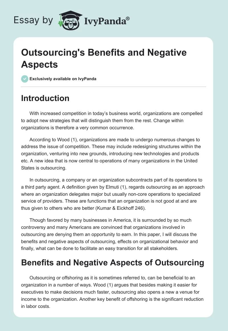 Outsourcing's Benefits and Negative Aspects. Page 1