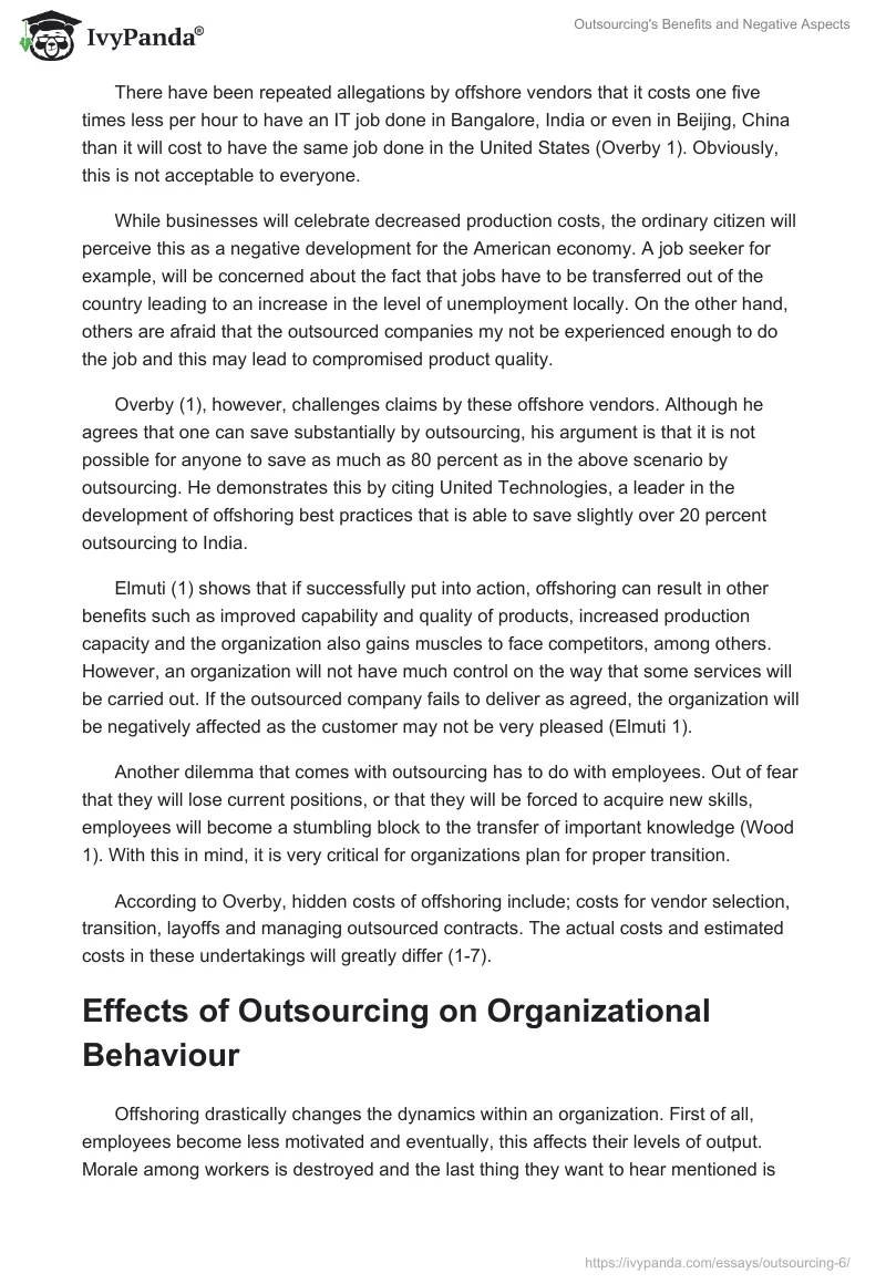 Outsourcing's Benefits and Negative Aspects. Page 2