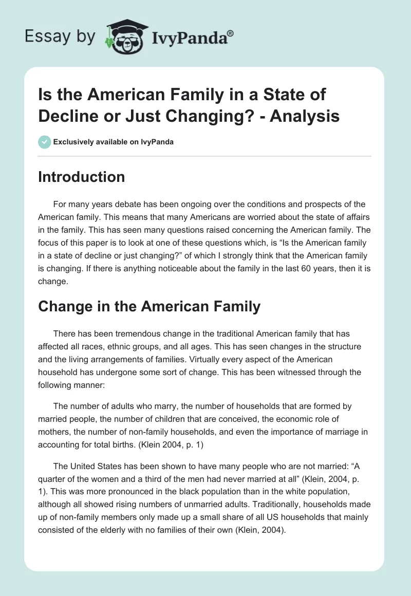 Is the American Family in a State of Decline or Just Changing? - Analysis. Page 1