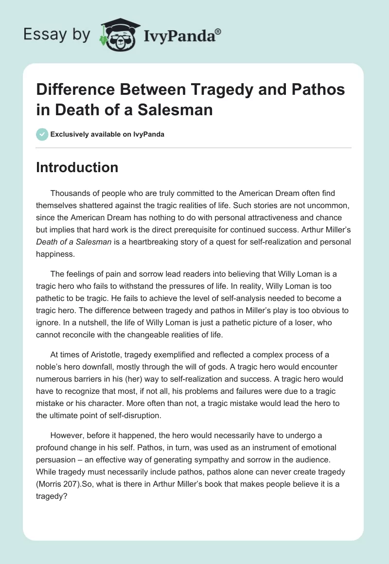 Difference Between Tragedy and Pathos in Death of a Salesman. Page 1