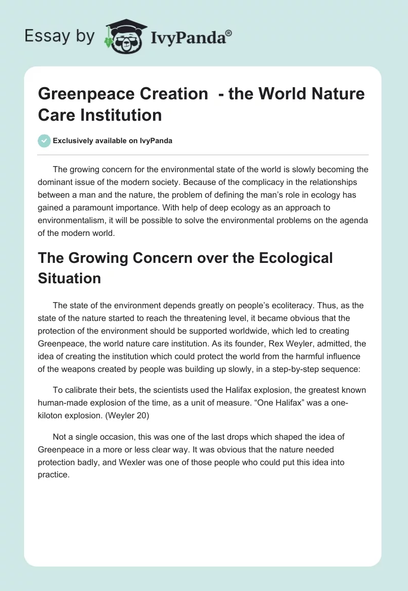 Greenpeace Creation  - the World Nature Care Institution. Page 1