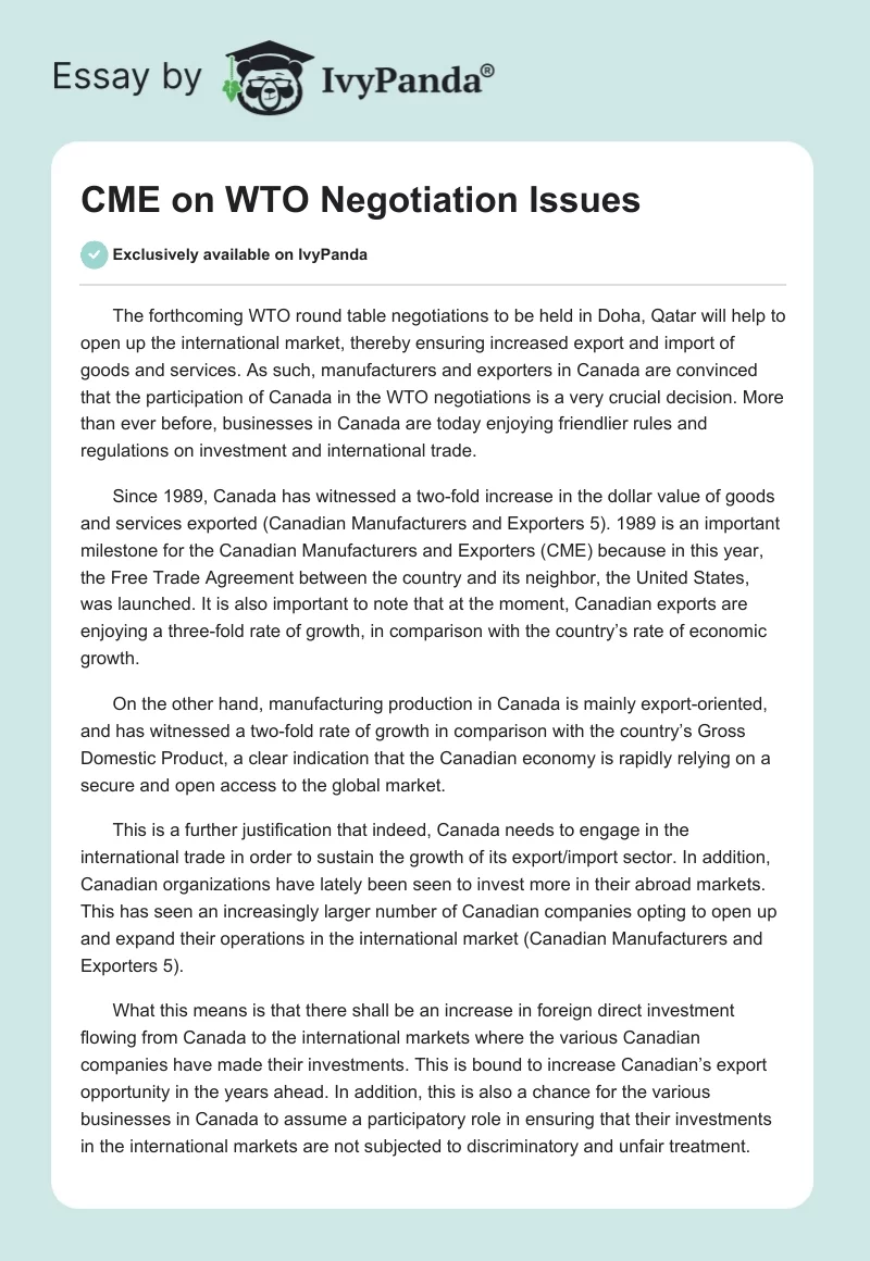 CME on WTO Negotiation Issues. Page 1