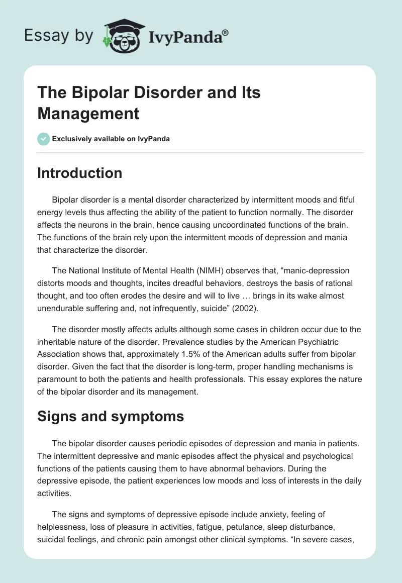The Bipolar Disorder and Its Management. Page 1
