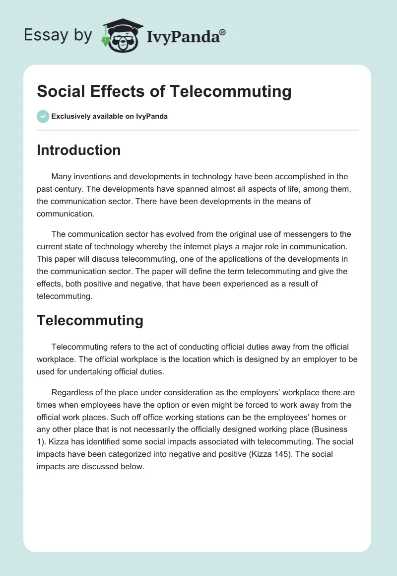 Social Effects of Telecommuting. Page 1
