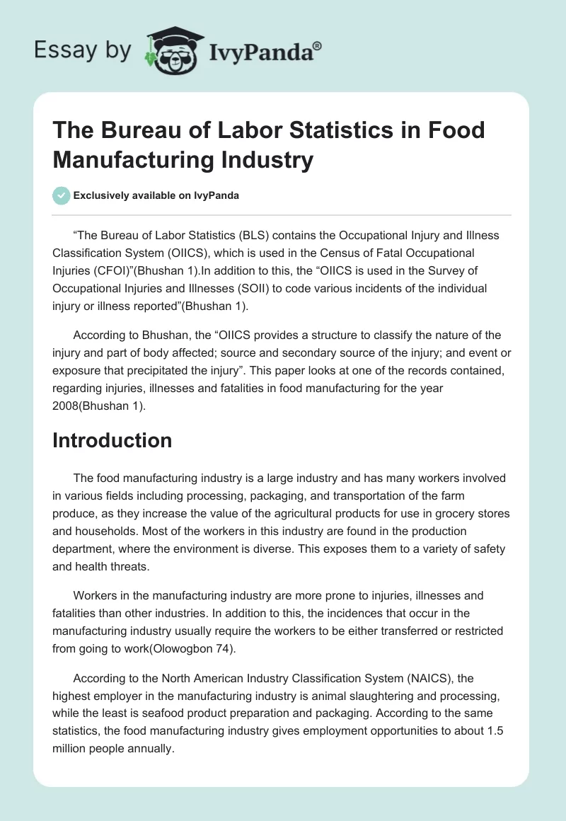 The Bureau of Labor Statistics in Food Manufacturing Industry. Page 1