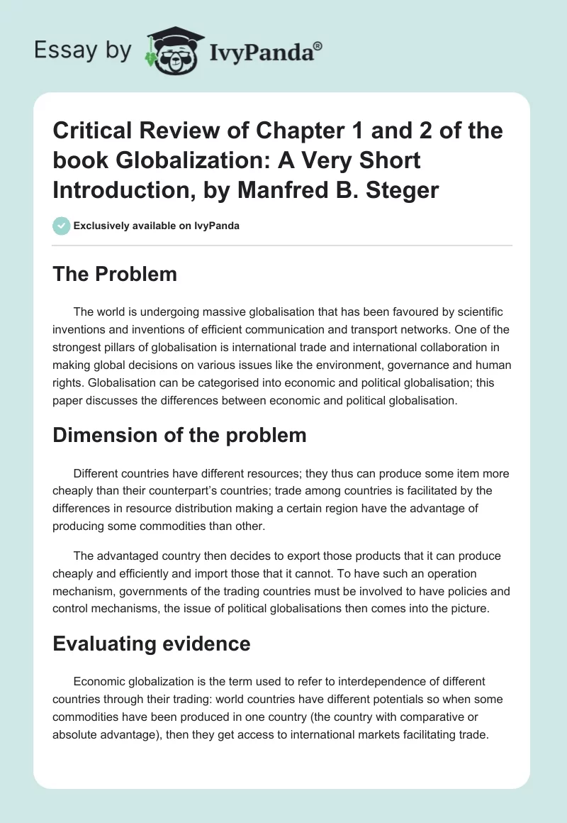 Critical Review of Chapter 1 and 2 of the book Globalization: A Very Short Introduction, by Manfred B. Steger. Page 1