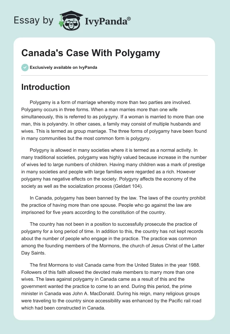 Canada's Case With Polygamy. Page 1