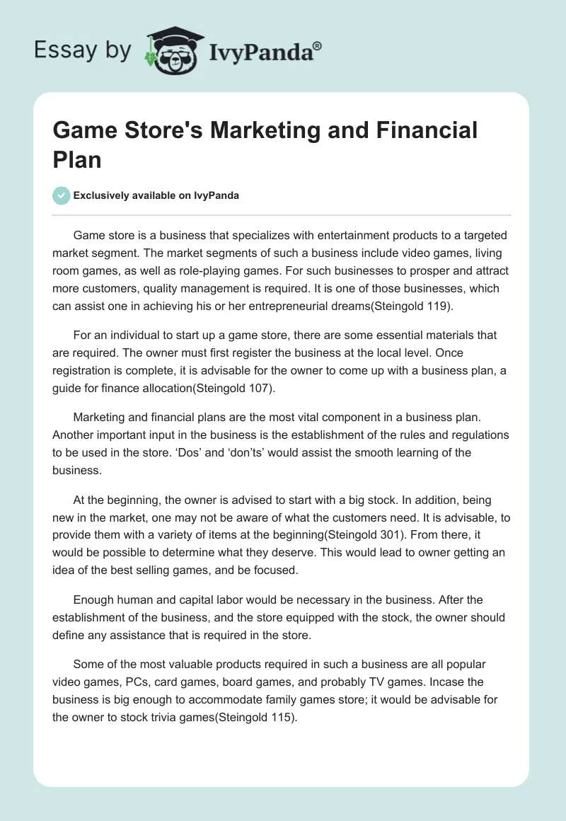 Game Store's Marketing and Financial Plan. Page 1