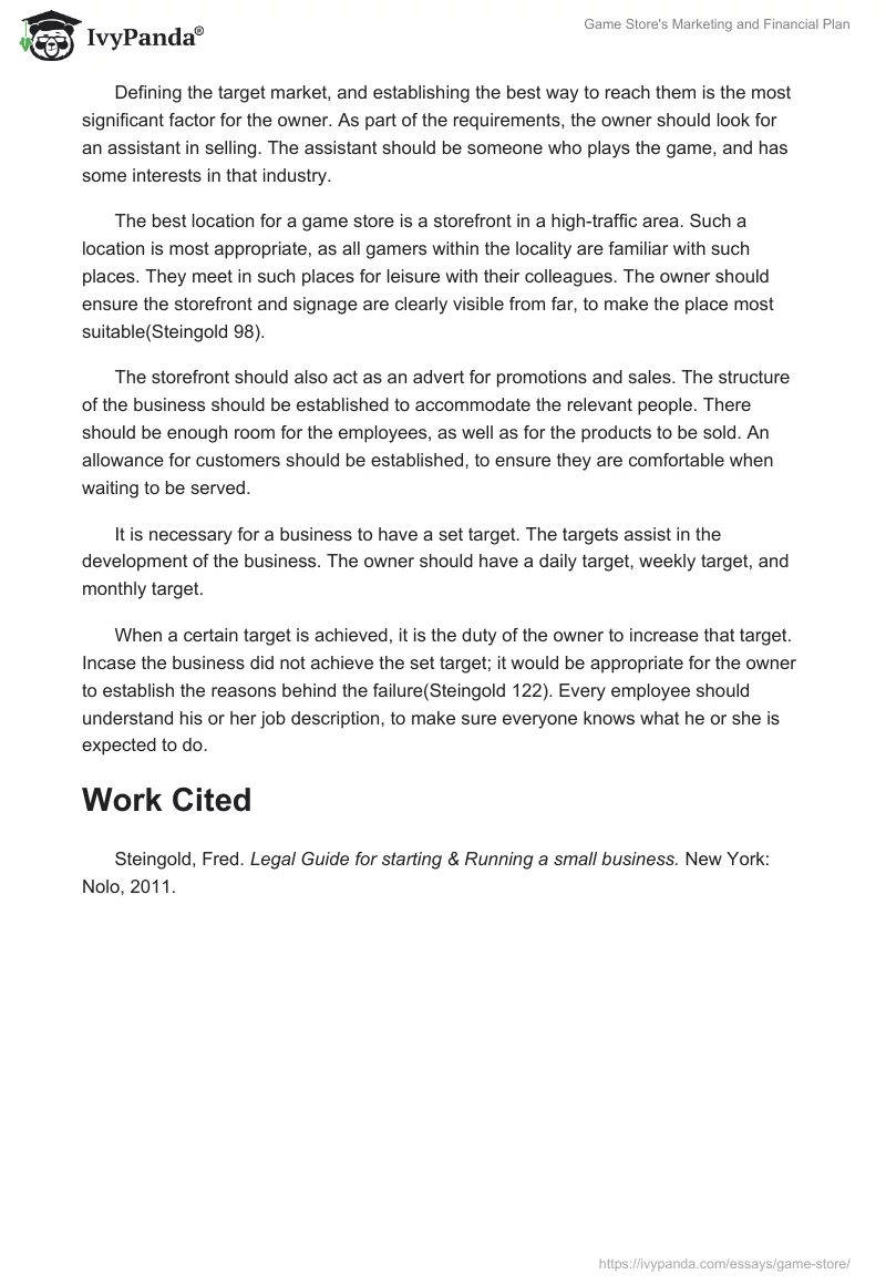 Game Store's Marketing and Financial Plan. Page 2