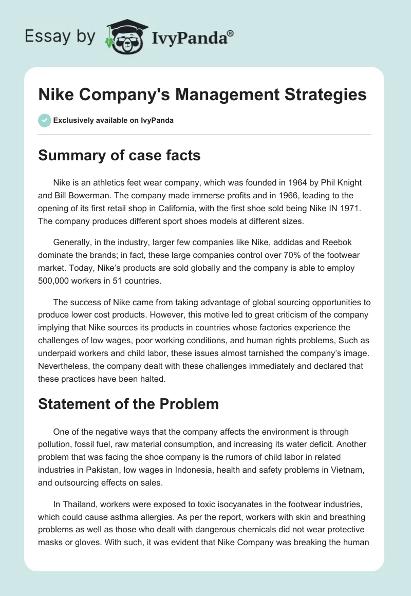 Nike Company's Management Strategies. Page 1