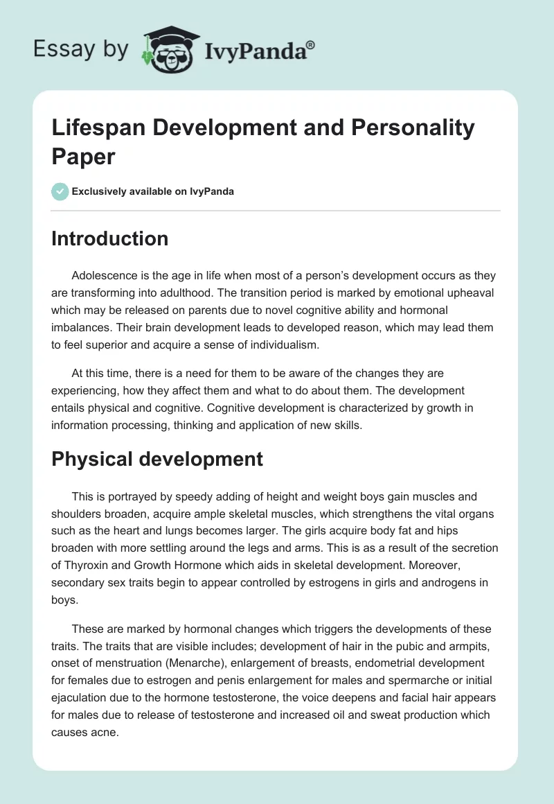 Lifespan Development and Personality Paper. Page 1