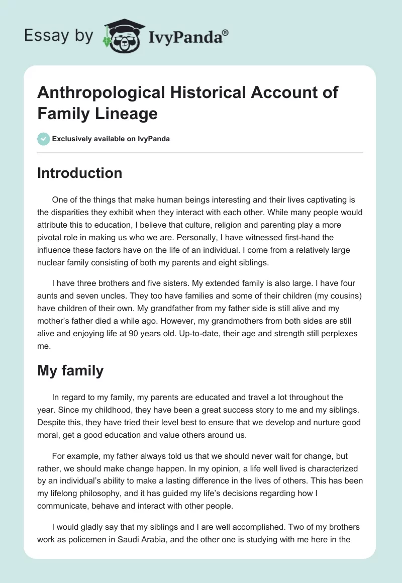 Anthropological Historical Account of Family Lineage. Page 1