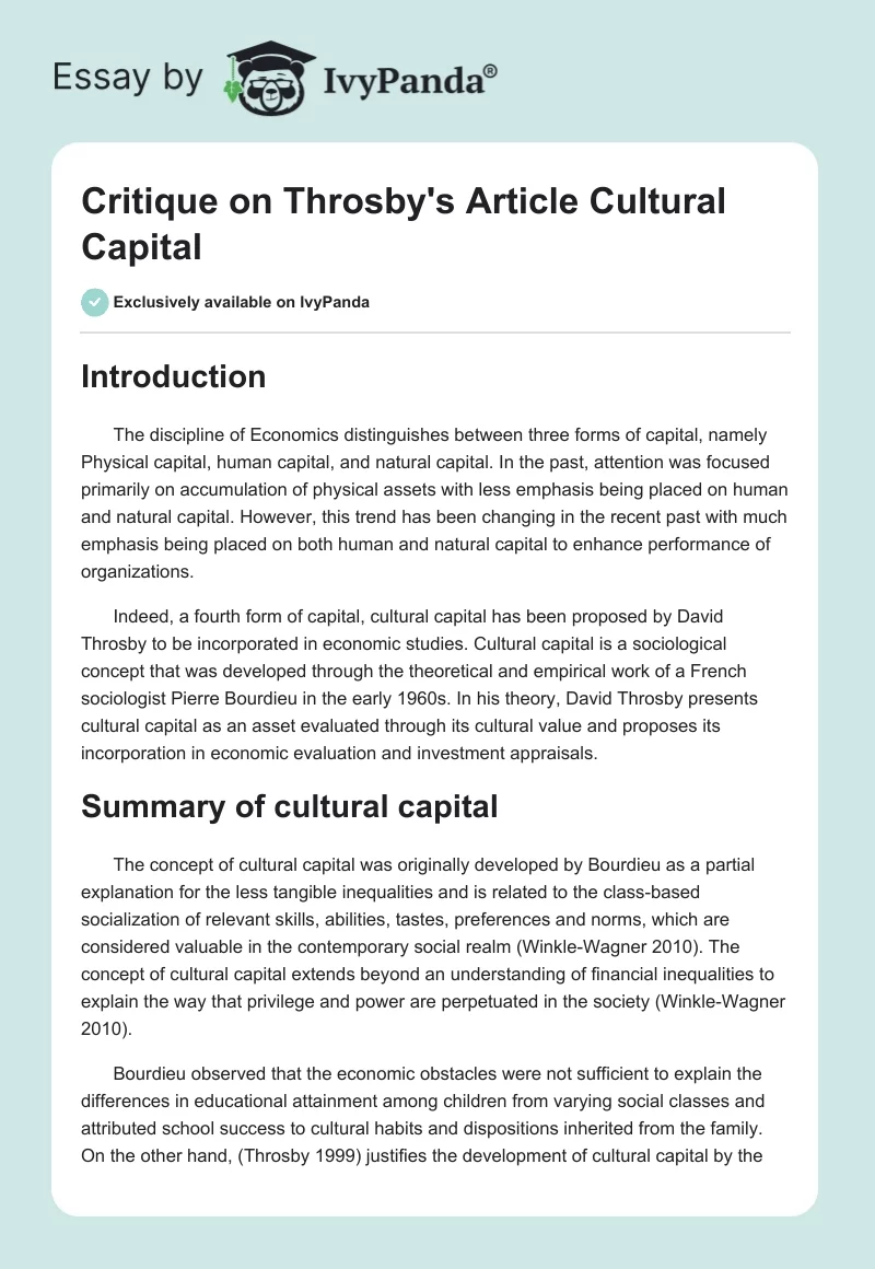 Critique on Throsby's Article Cultural Capital. Page 1
