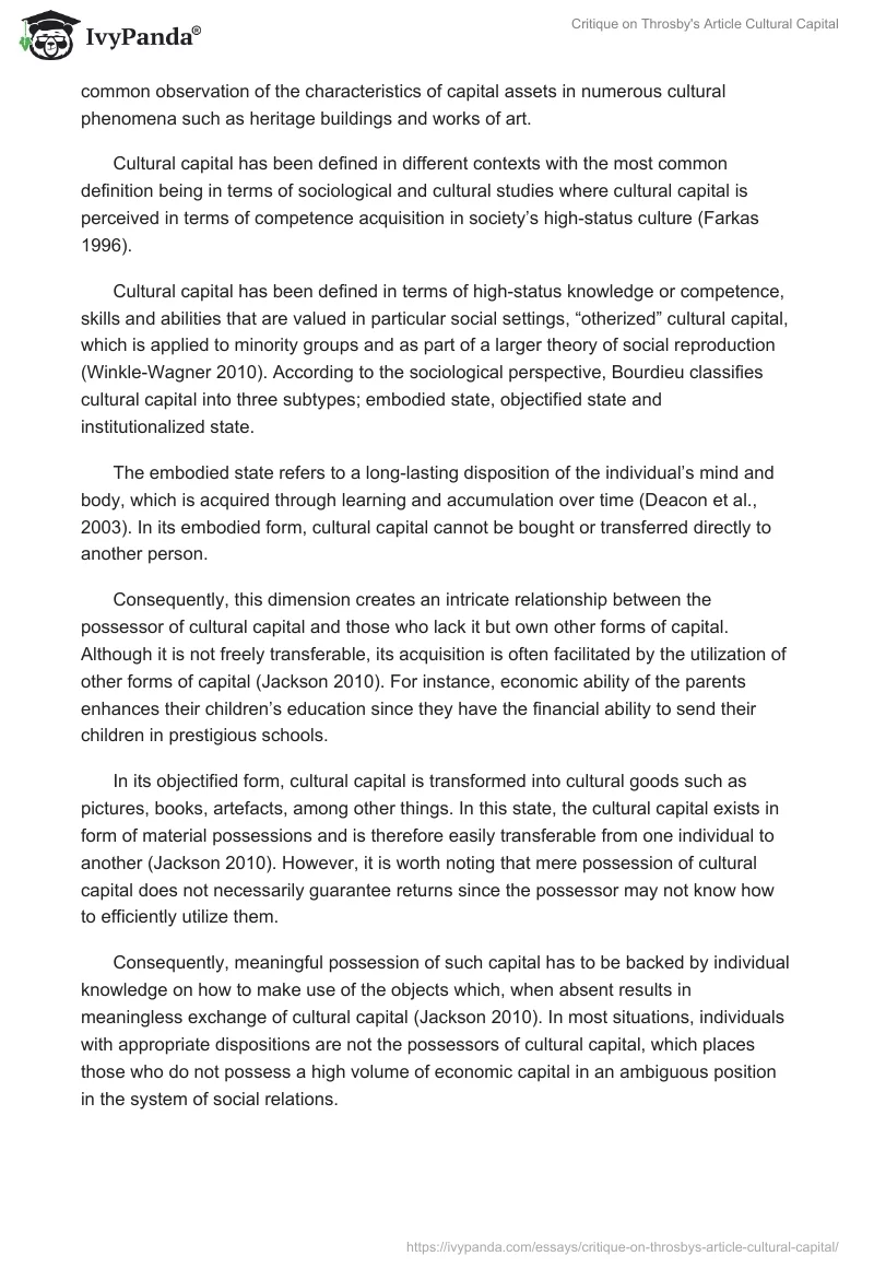Critique on Throsby's Article Cultural Capital. Page 2