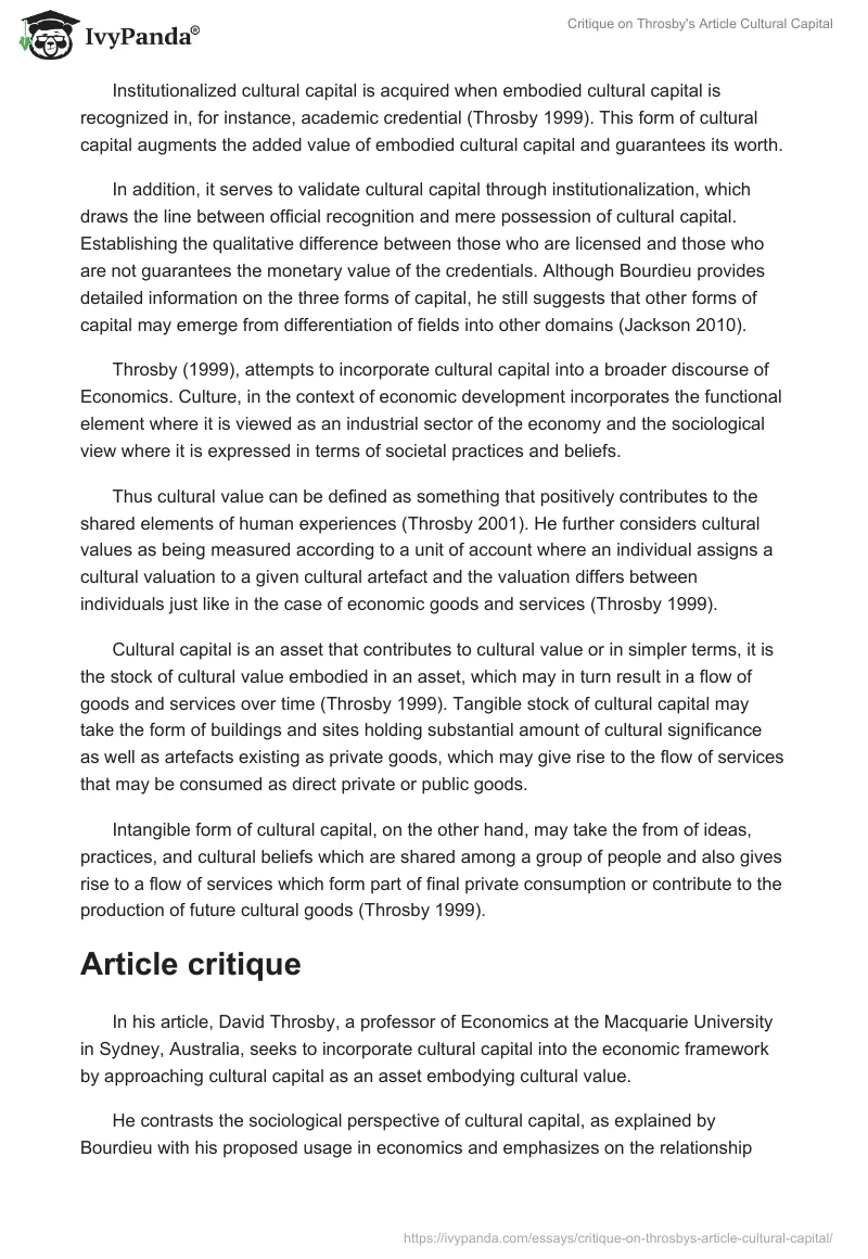 Critique on Throsby's Article Cultural Capital. Page 3