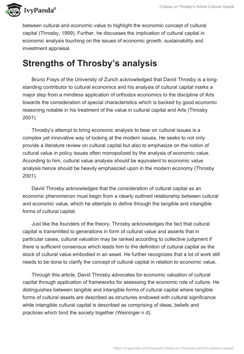 Critique on Throsby's Article Cultural Capital. Page 4