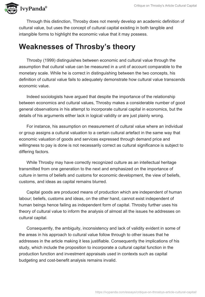 Critique on Throsby's Article Cultural Capital. Page 5
