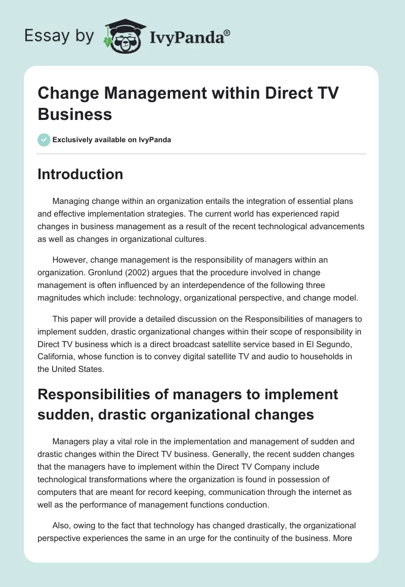 Change Management within Direct TV Business. Page 1