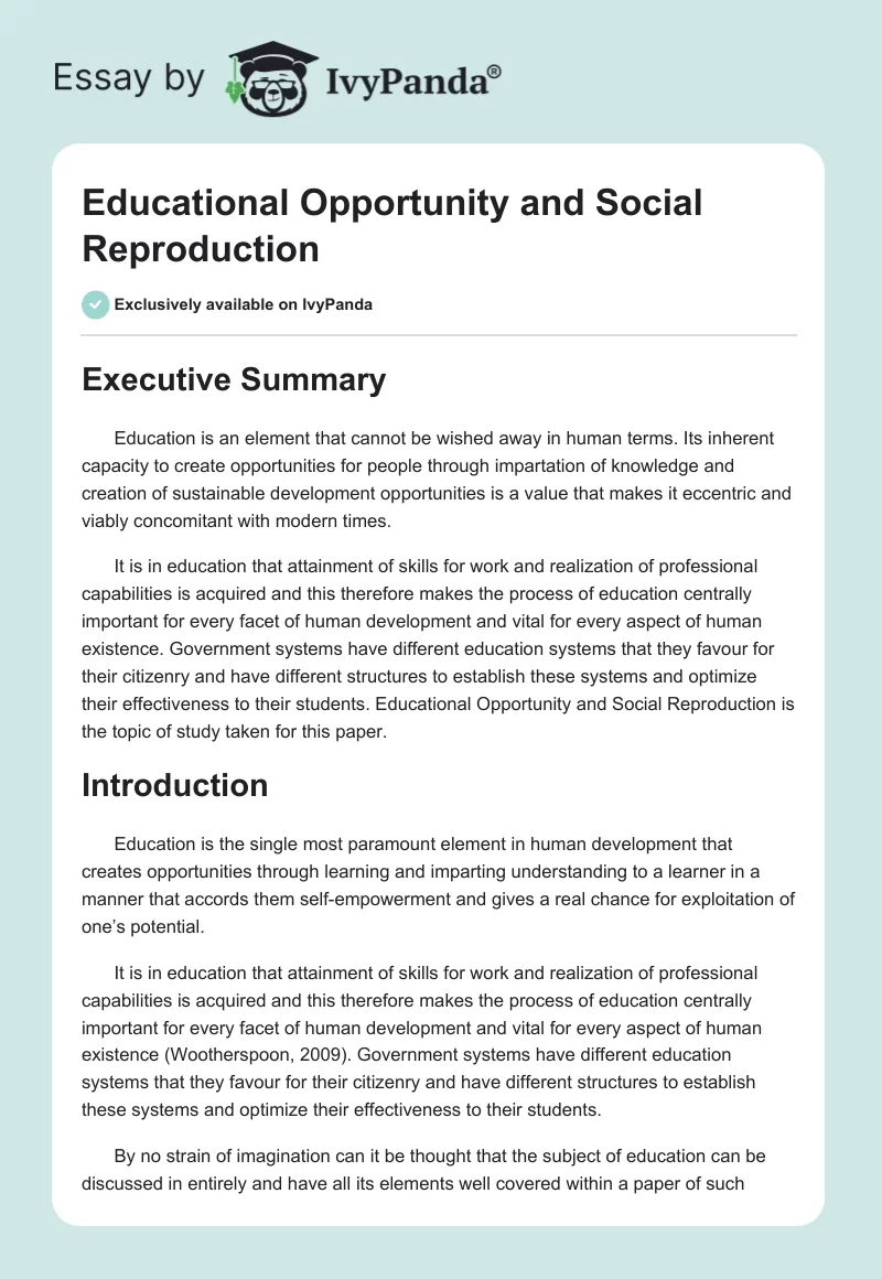 Educational Opportunity and Social Reproduction. Page 1