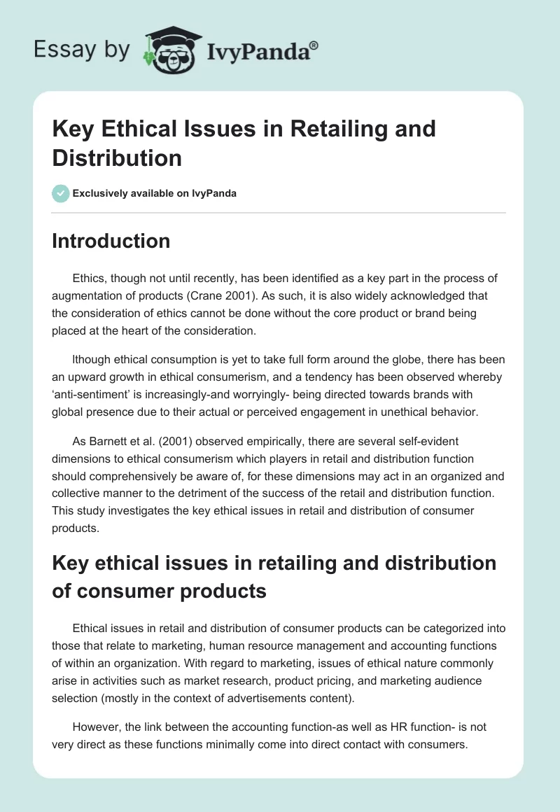 Key Ethical Issues in Retailing and Distribution. Page 1