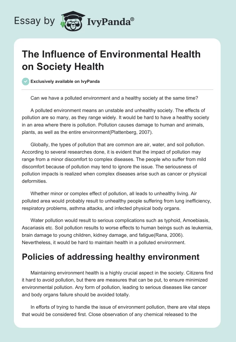 The Influence of Environmental Health on Society Health. Page 1