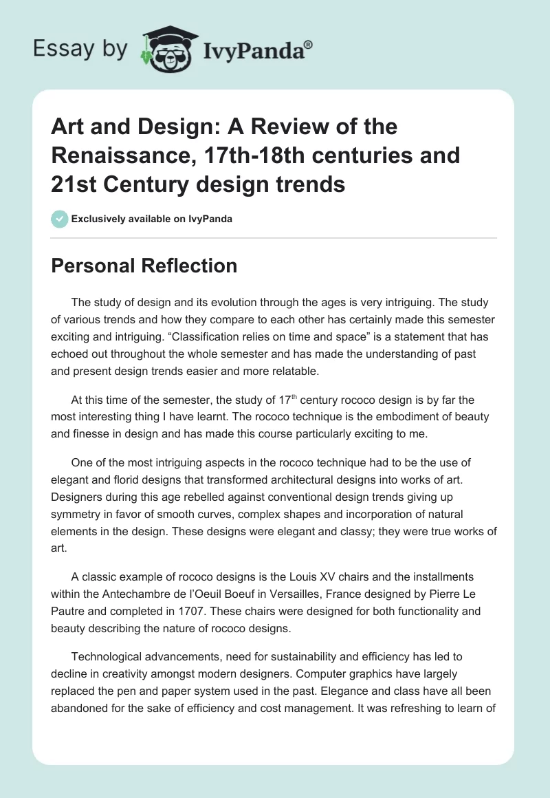 Art and Design: A Review of the Renaissance, 17th-18th centuries and 21st Century design trends. Page 1
