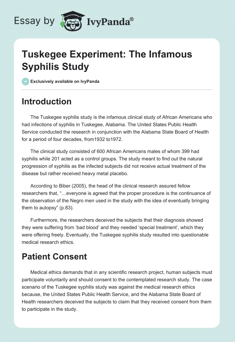 Tuskegee Experiment: The Infamous Syphilis Study. Page 1