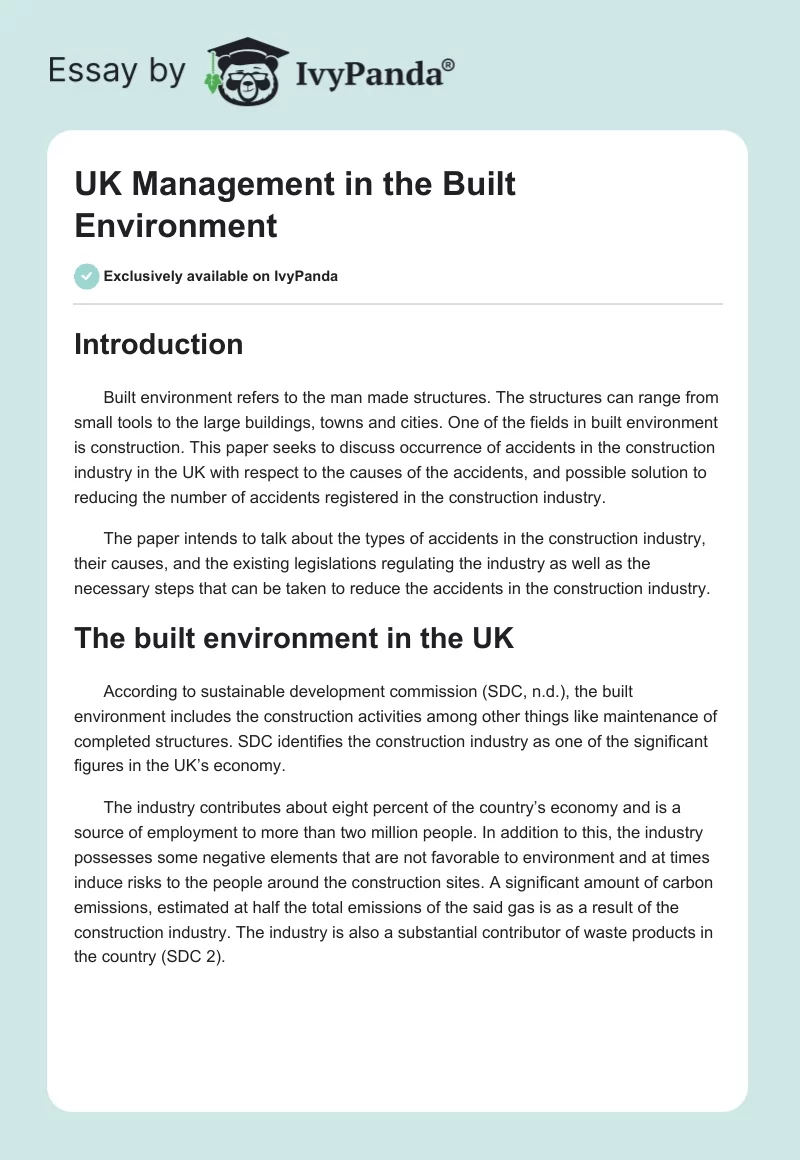 UK Management in the Built Environment. Page 1