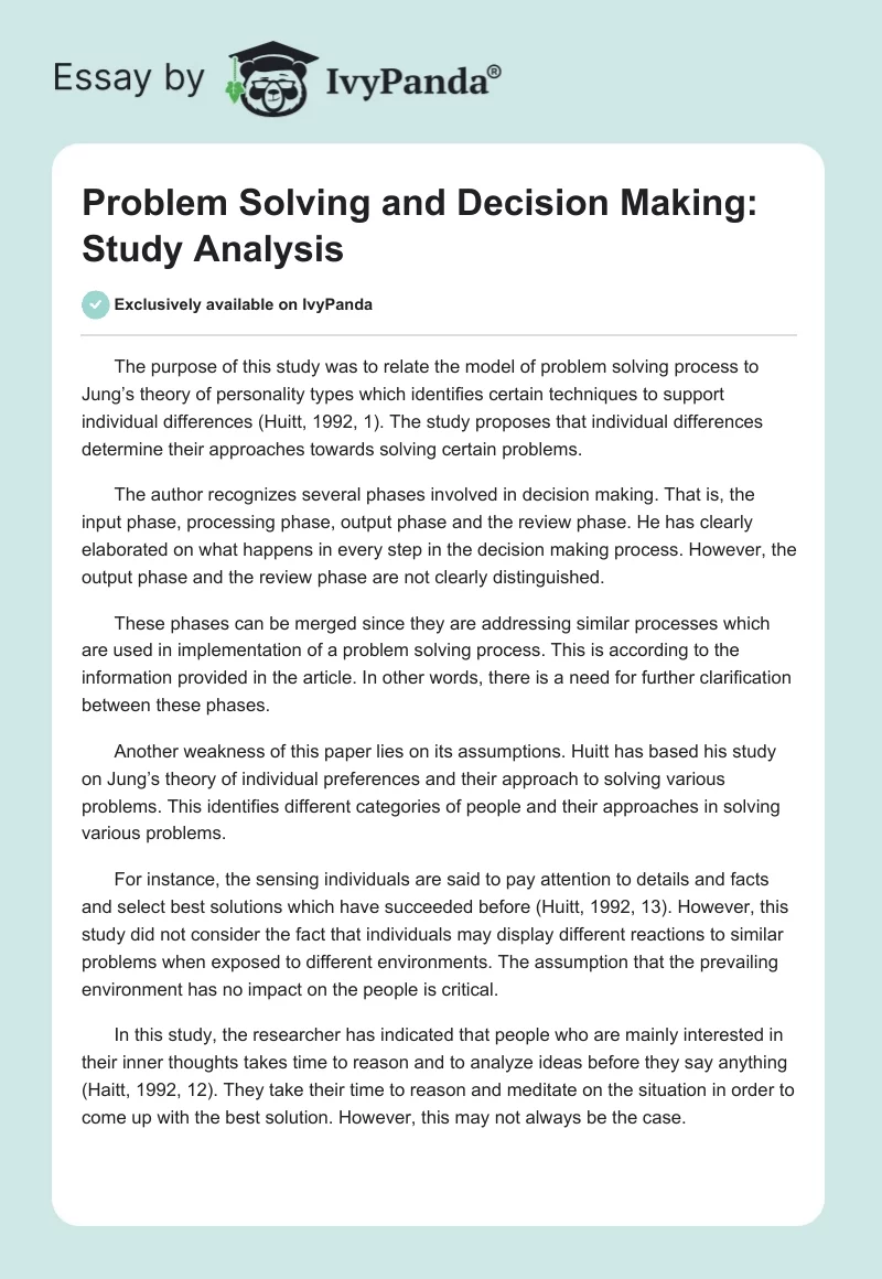 Problem Solving and Decision Making: Study Analysis. Page 1