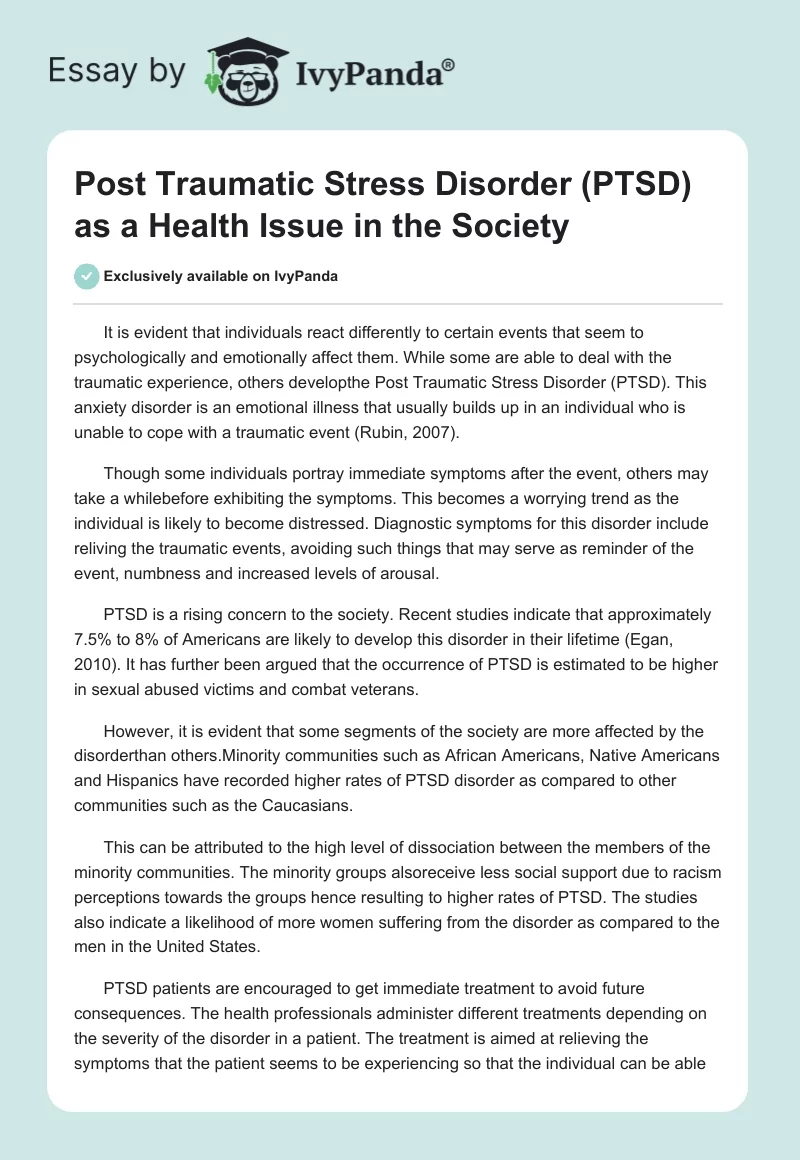 Post Traumatic Stress Disorder (PTSD) as a Health Issue in the Society. Page 1