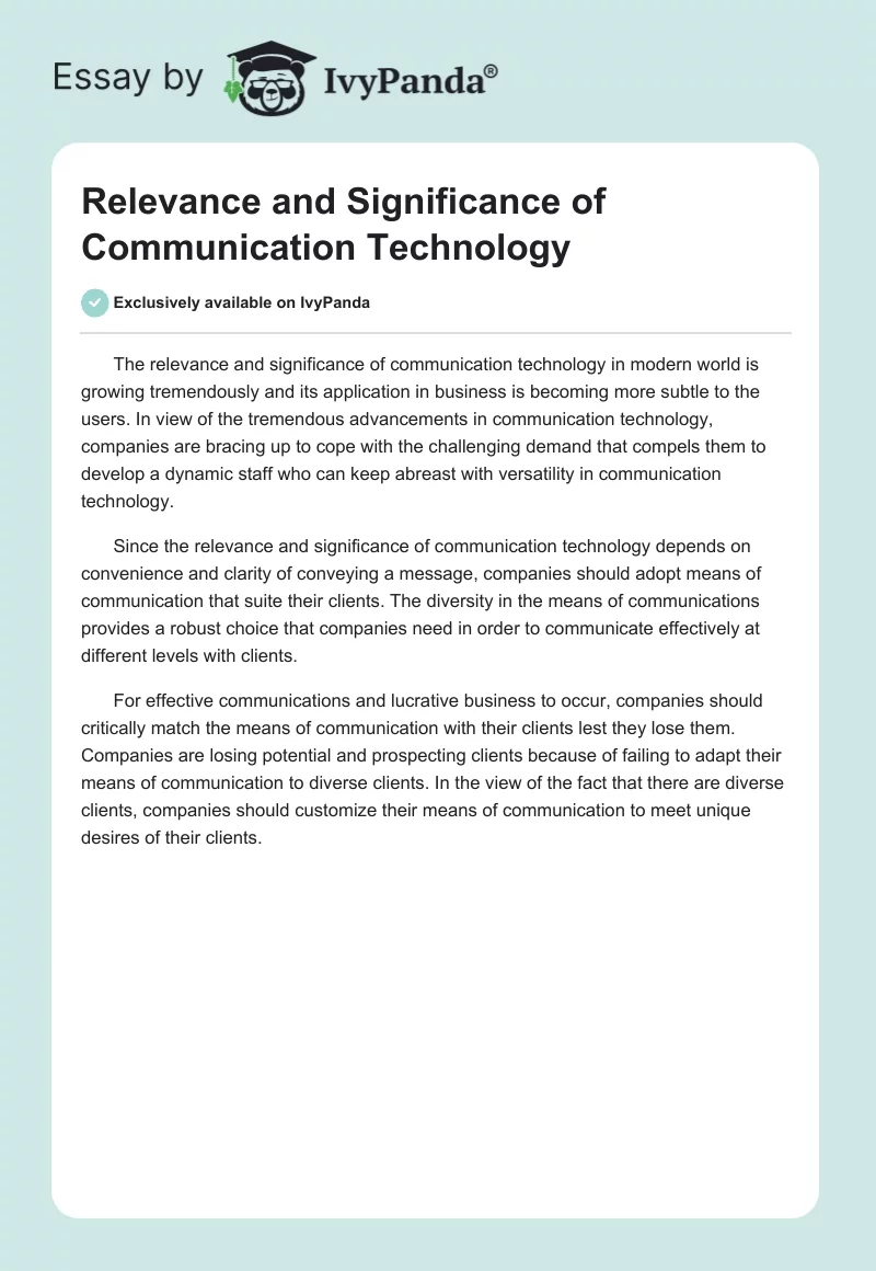 Relevance and Significance of Communication Technology. Page 1