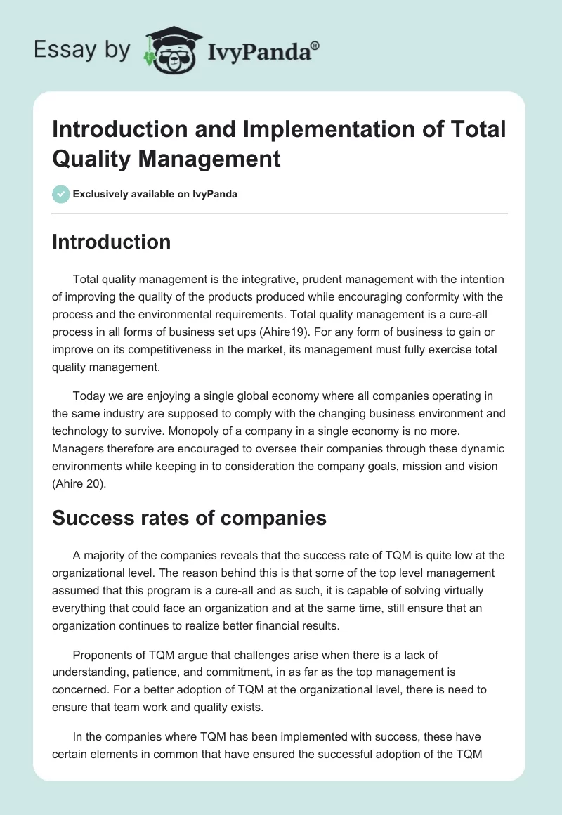 Introduction and Implementation of Total Quality Management. Page 1