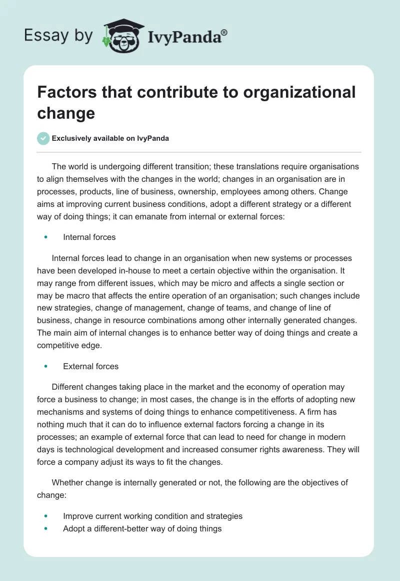 Factors That Contribute to Organizational Change. Page 1