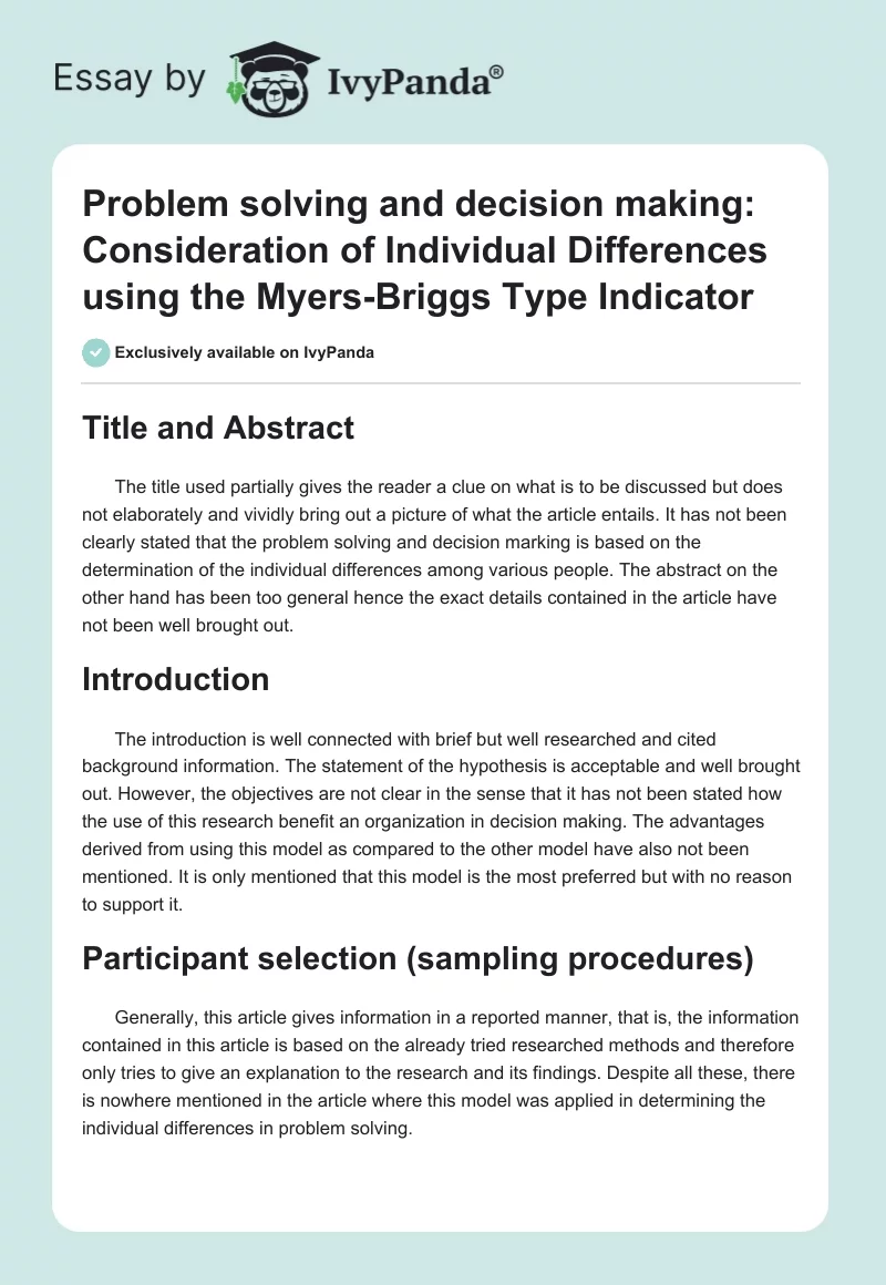 Problem solving and decision making: Consideration of Individual Differences using the Myers-Briggs Type Indicator. Page 1