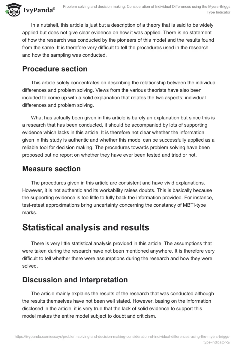 Problem solving and decision making: Consideration of Individual Differences using the Myers-Briggs Type Indicator. Page 2