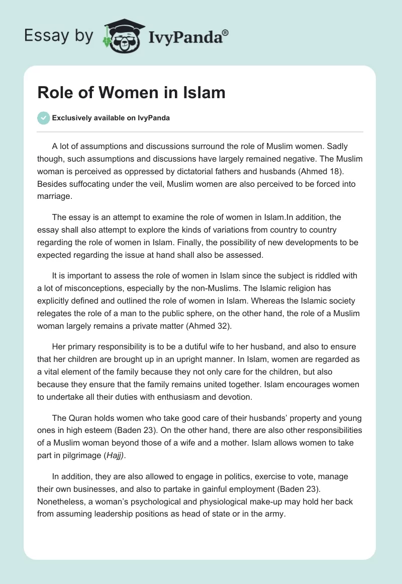 Role of Women in Islam. Page 1