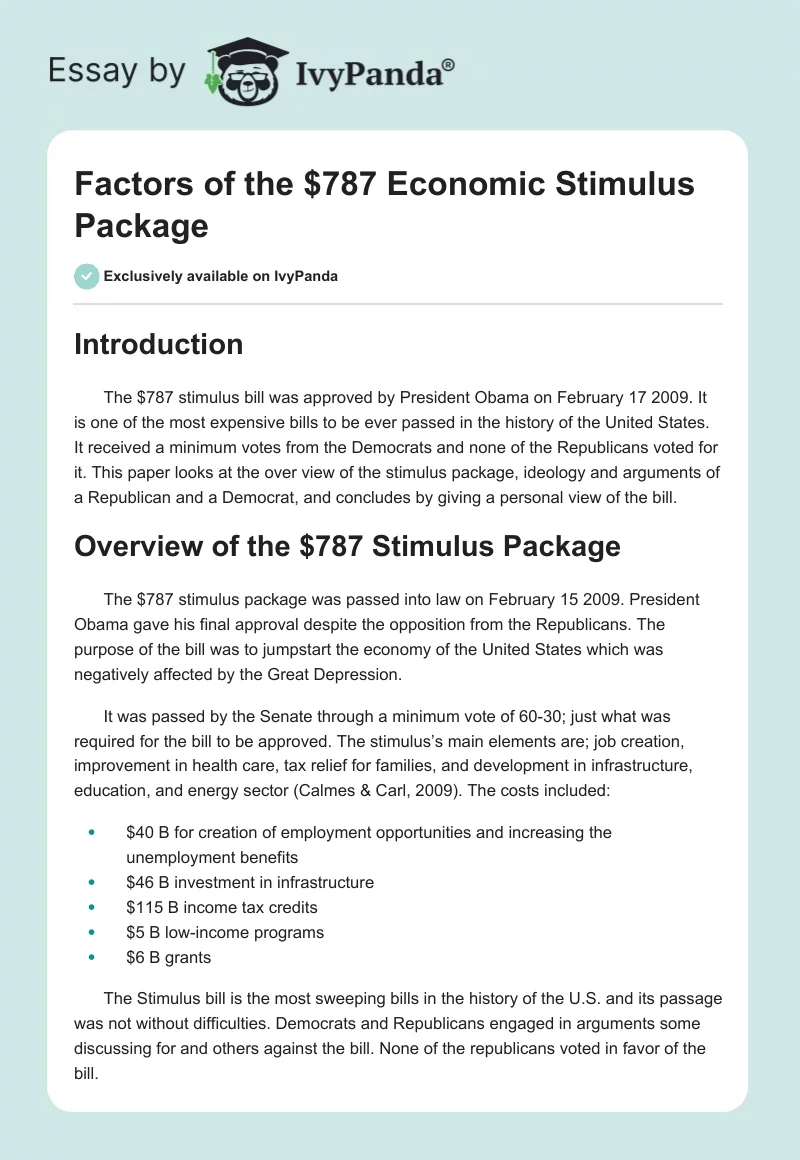 Factors of the $787 Economic Stimulus Package. Page 1