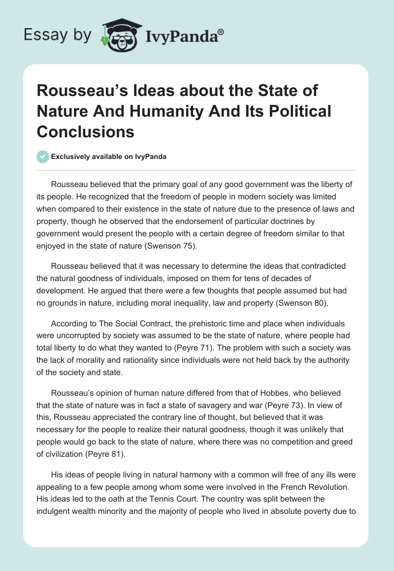 Rousseau’s Ideas about the State of Nature And Humanity And Its Political Conclusions. Page 1