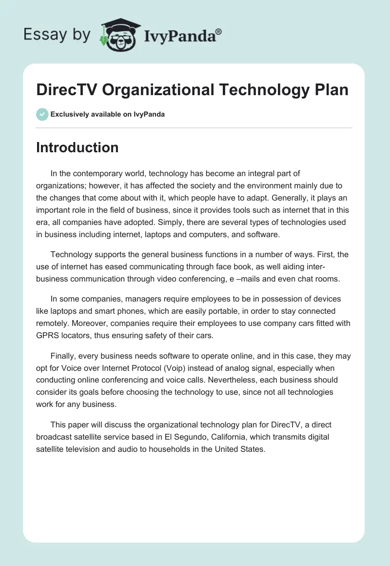 DirecTV Organizational Technology Plan. Page 1