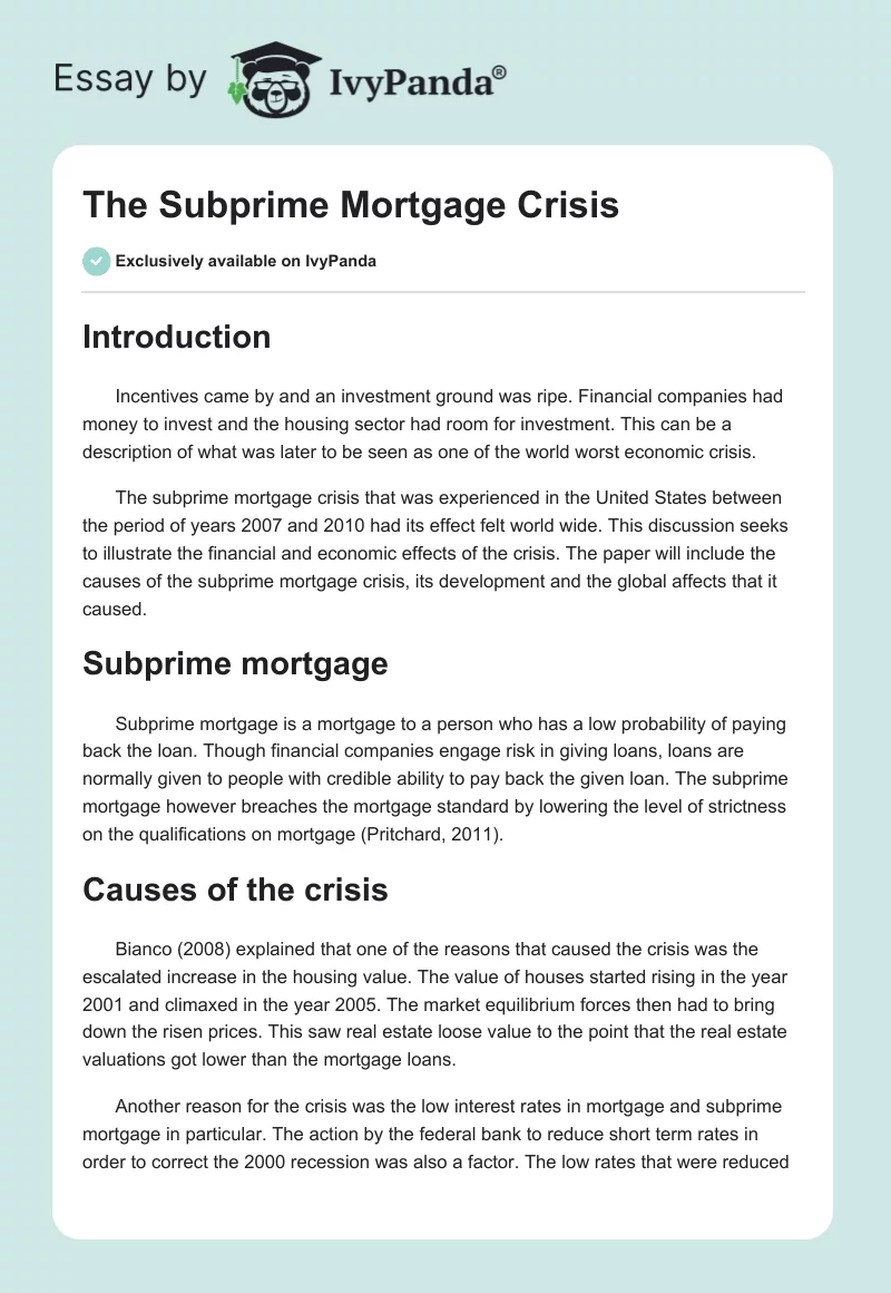The Subprime Mortgage Crisis. Page 1