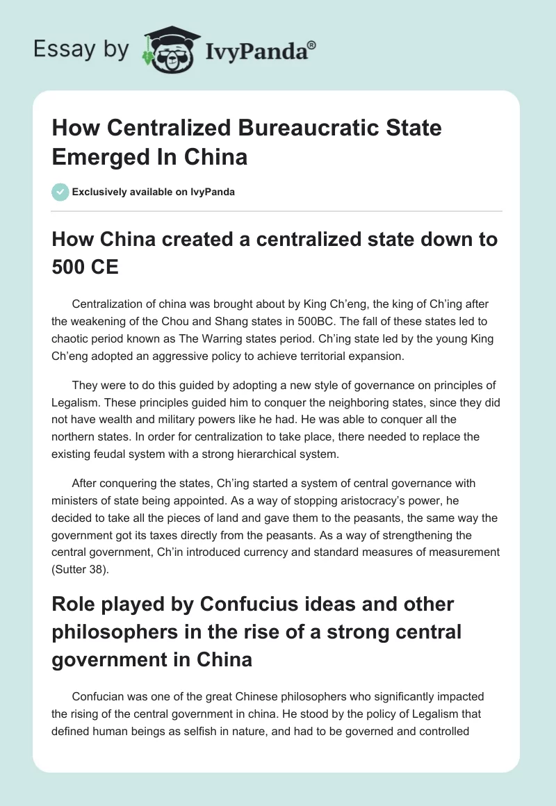 How Centralized Bureaucratic State Emerged In China. Page 1