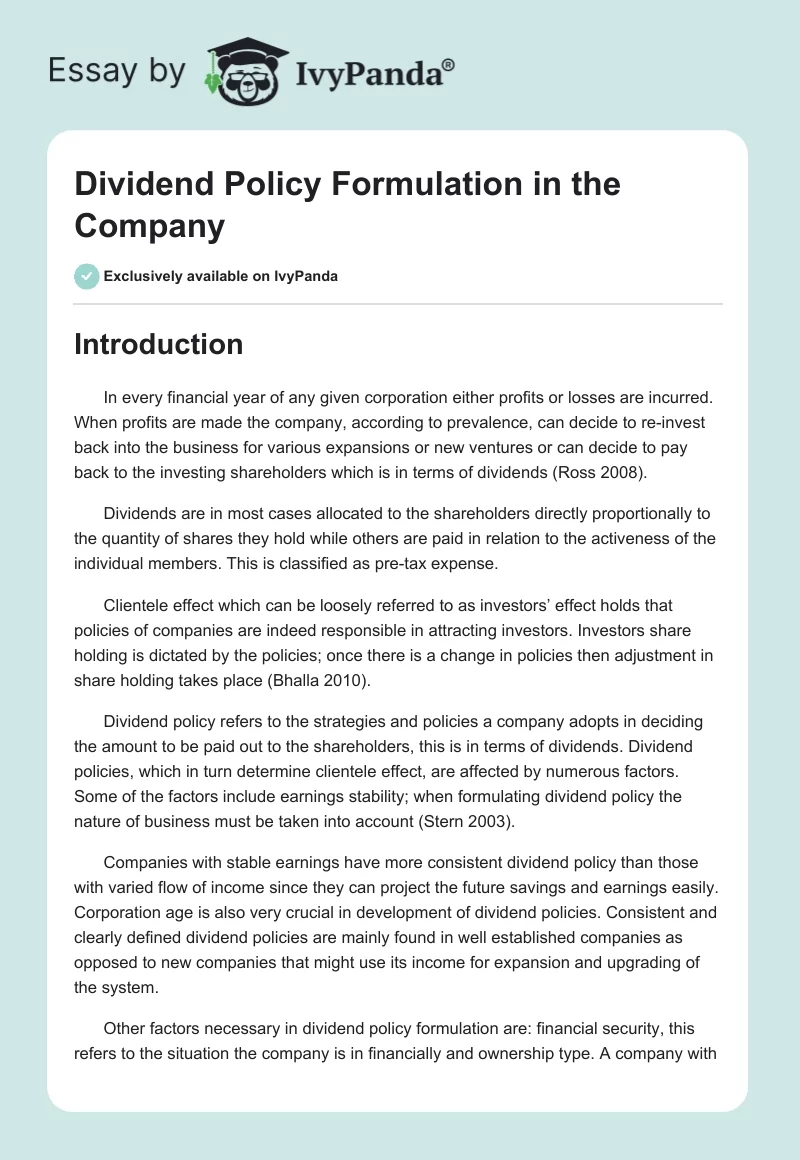 Dividend Policy Formulation in the Company. Page 1