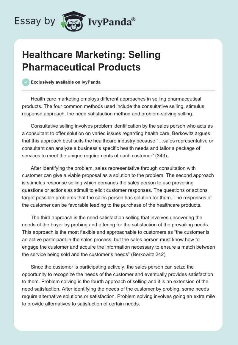 Healthcare Marketing: Selling Pharmaceutical Products. Page 1