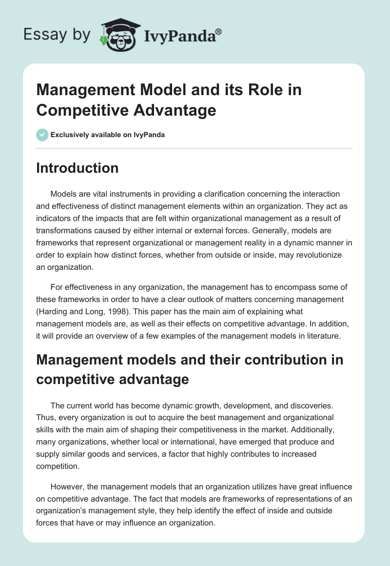 Management Model and its Role in Competitive Advantage. Page 1