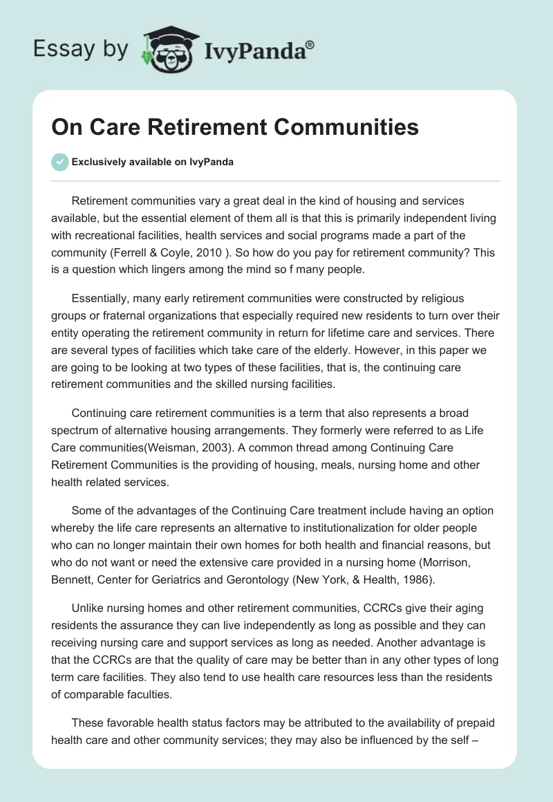 On Care Retirement Communities. Page 1