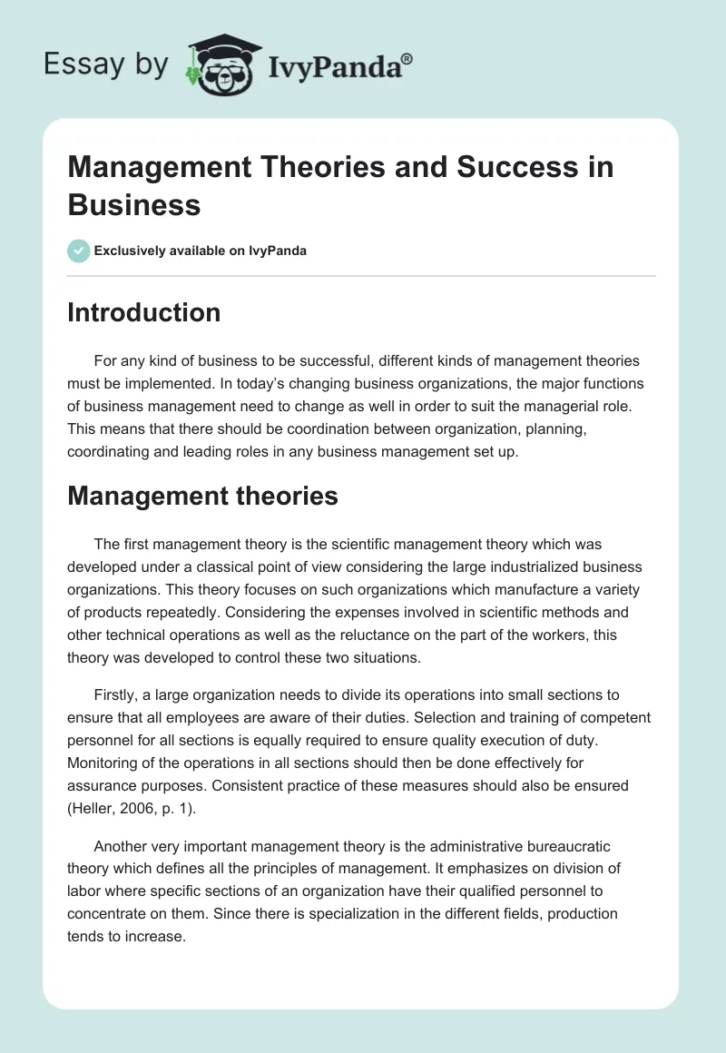 Management Theories and Success in Business. Page 1