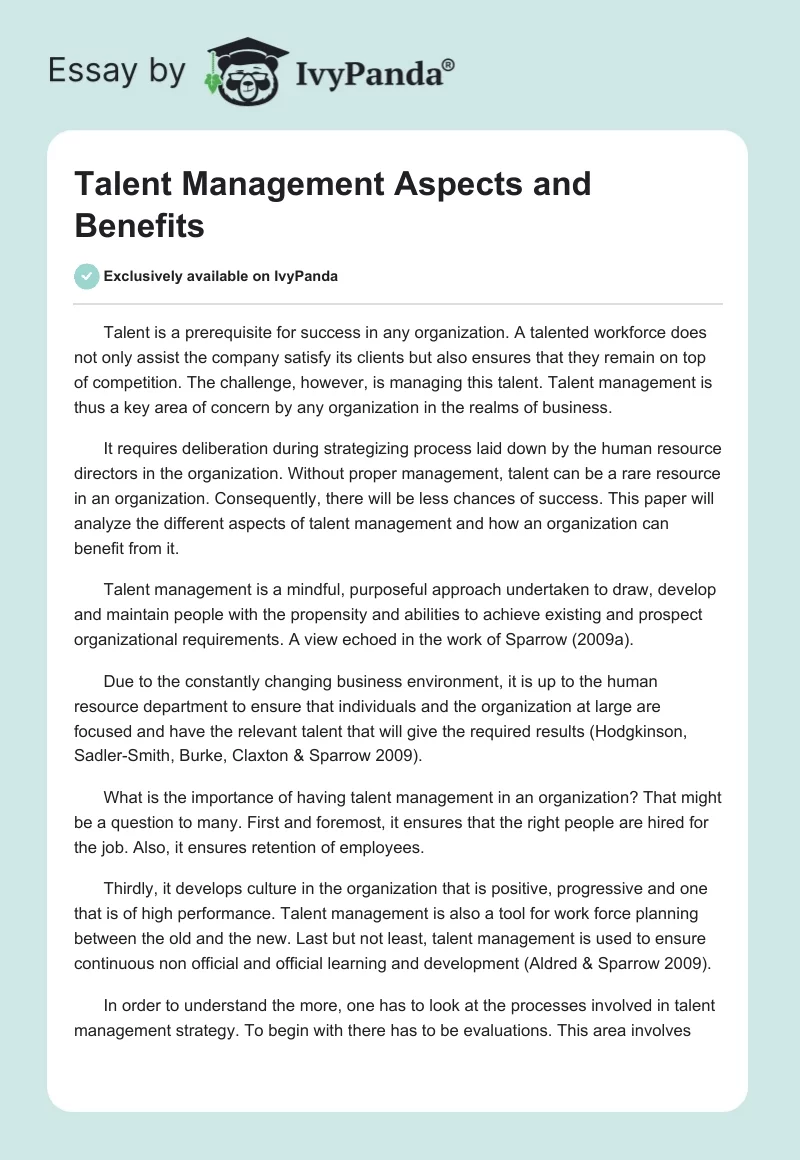Talent Management Aspects and Benefits. Page 1