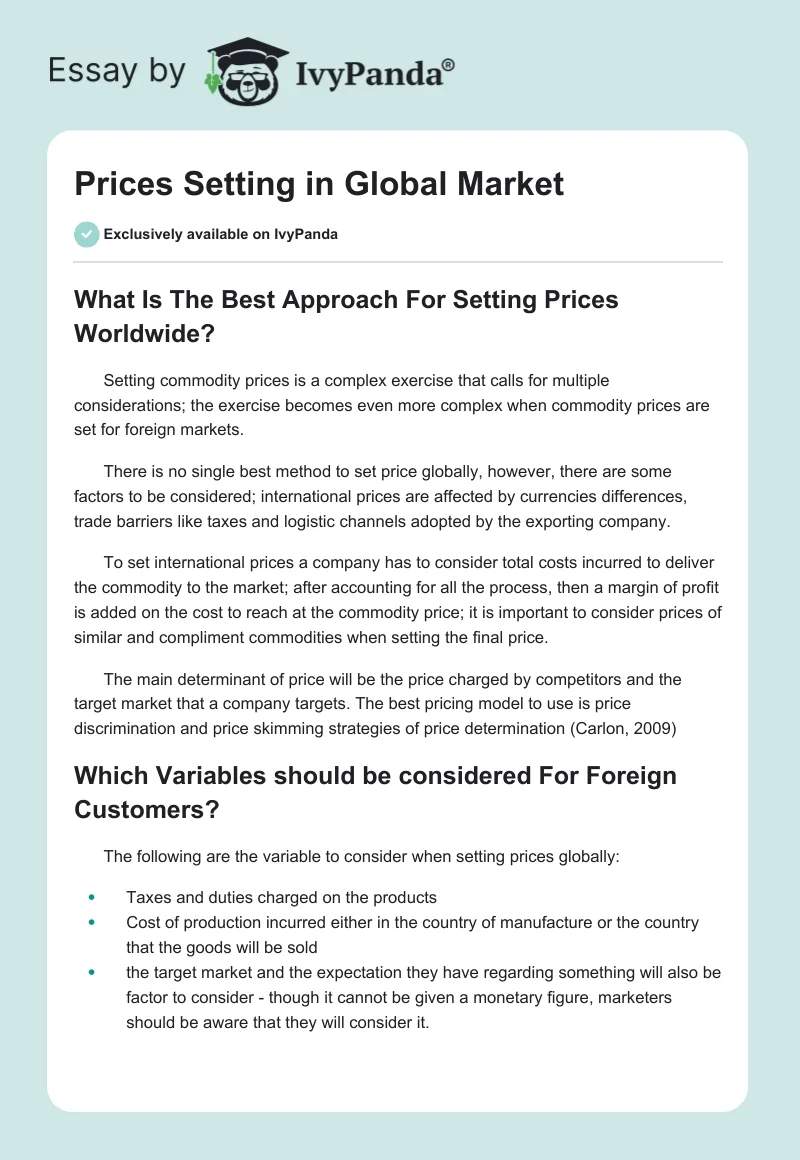 Prices Setting in Global Market. Page 1