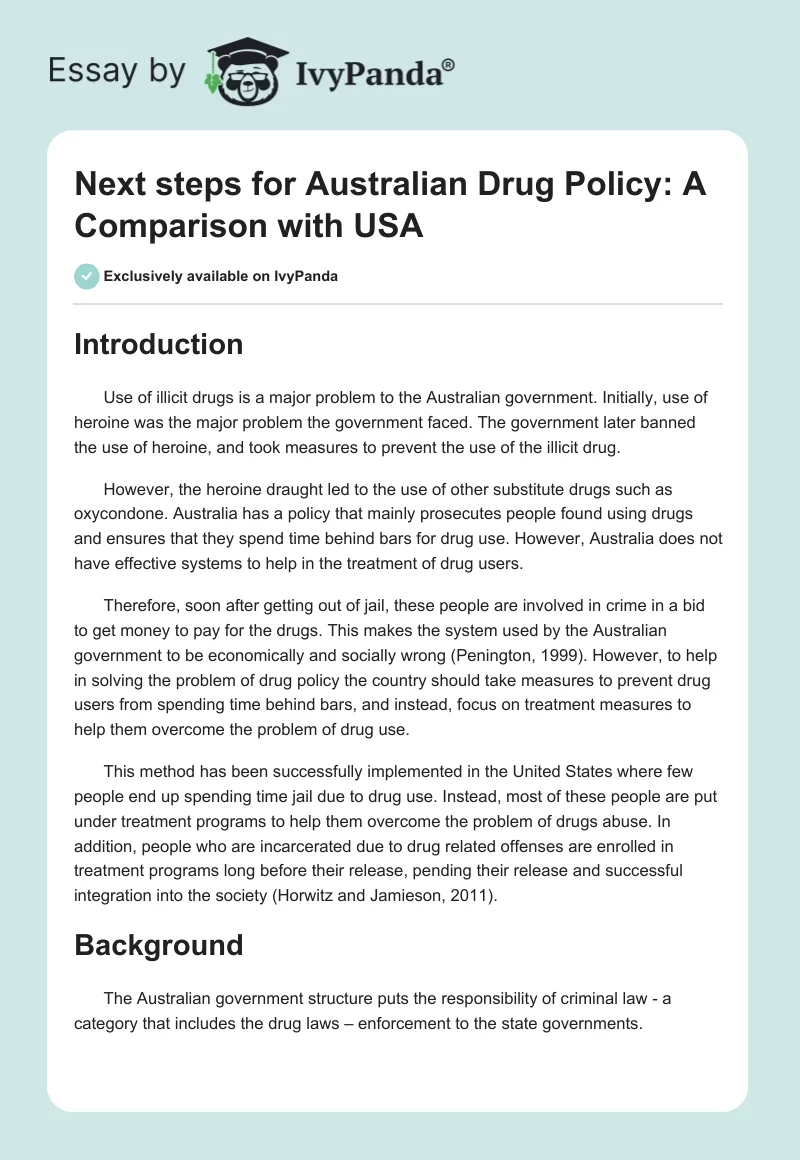 Next steps for Australian Drug Policy: A Comparison with USA. Page 1