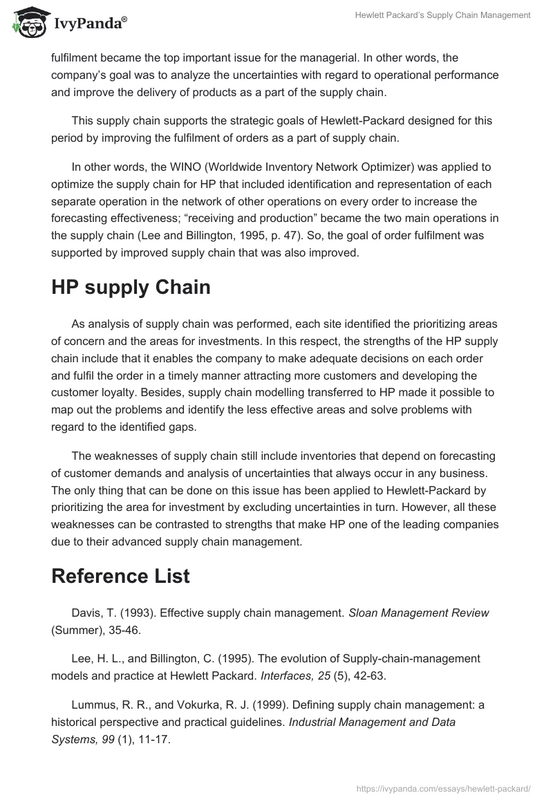 Hewlett Packard’s Supply Chain Management. Page 2